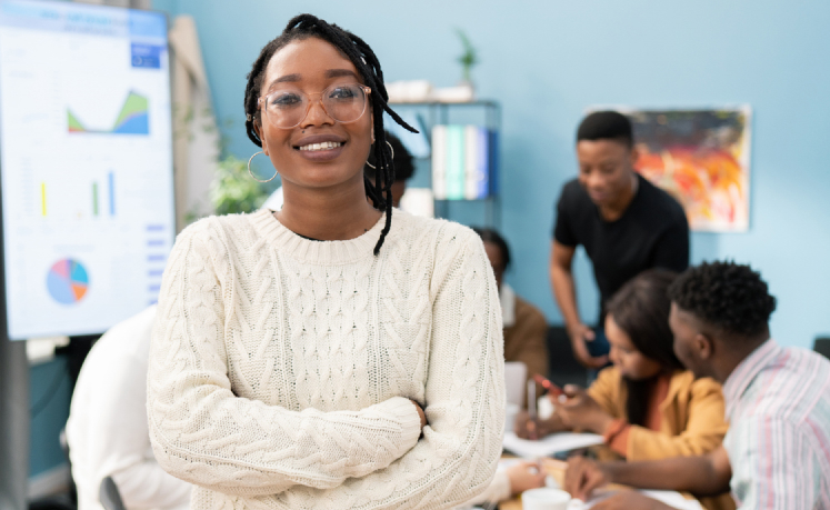 Woman looking ahead in front of class